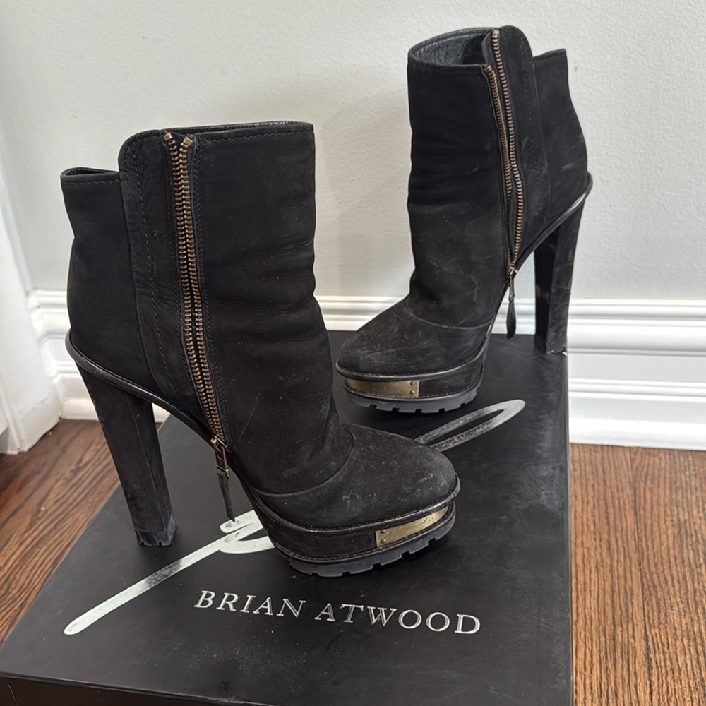 B Brian Atwood black suede booties